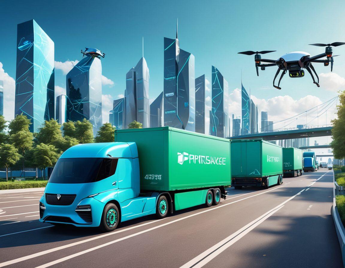 A futuristic city skyline with advanced logistics drones delivering packages, a bustling digital marketplace interface in the foreground displaying shipping options, diverse cargo trucks on a smart road with AI navigation, bright blue and green colors symbolizing innovation and efficiency. vibrant colors. 3D.