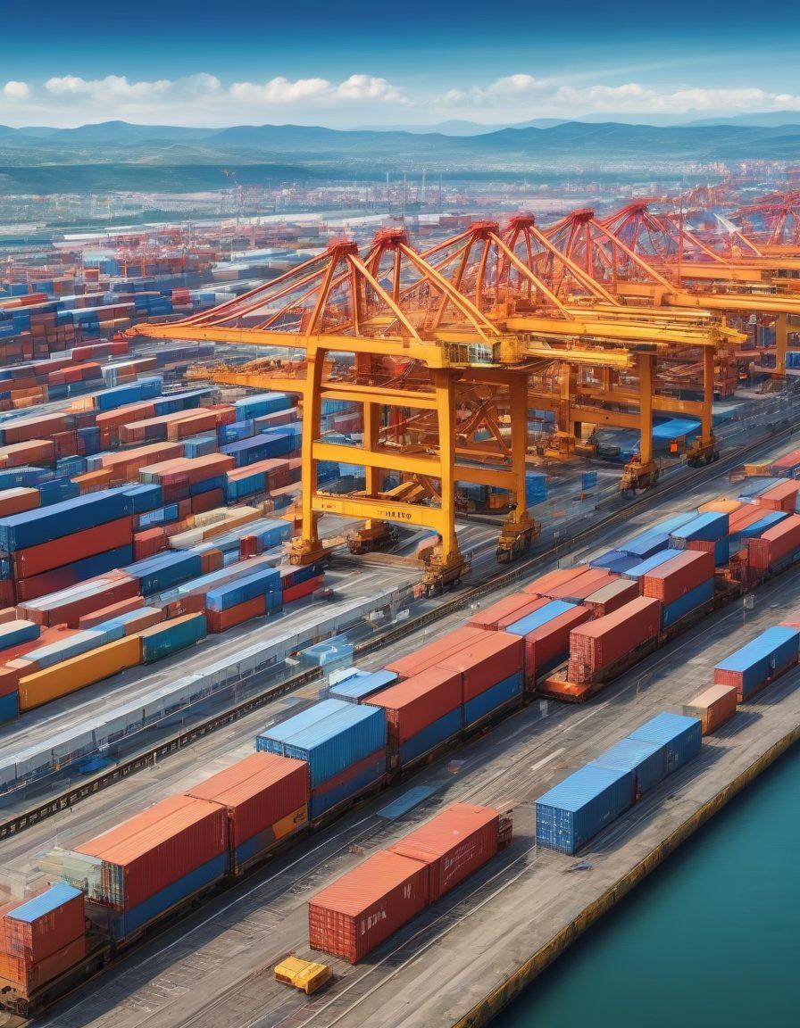 A seamless integration of various transport modes including trains, trucks, and ships, connected by vibrant networks of roads and railways. Show a busy cargo port and an efficient logistics hub, with containers being loaded and unloaded. Include diverse people working collaboratively, showcasing innovation in freight transport. Emphasize clarity and simplicity in design elements. super-realistic. vibrant colors. dynamic composition.