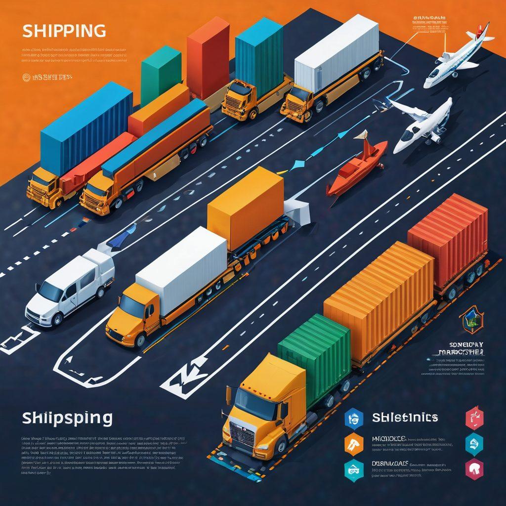 A visually engaging infographic depicting innovative shipping strategies, featuring a dynamic supply chain flow with vibrant arrows and icons. Show diverse transportation methods like trucks, ships, and drones amidst a modern cityscape backdrop. Include elements representing technology like digital maps and tracking systems. Use a palette of bright colors to highlight key concepts. vector art. vibrant colors. 3D.